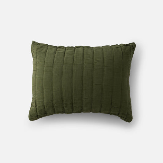 Top-down view of Channeled Cotton Sham in green showing vertical channeled quilting on a light gray background