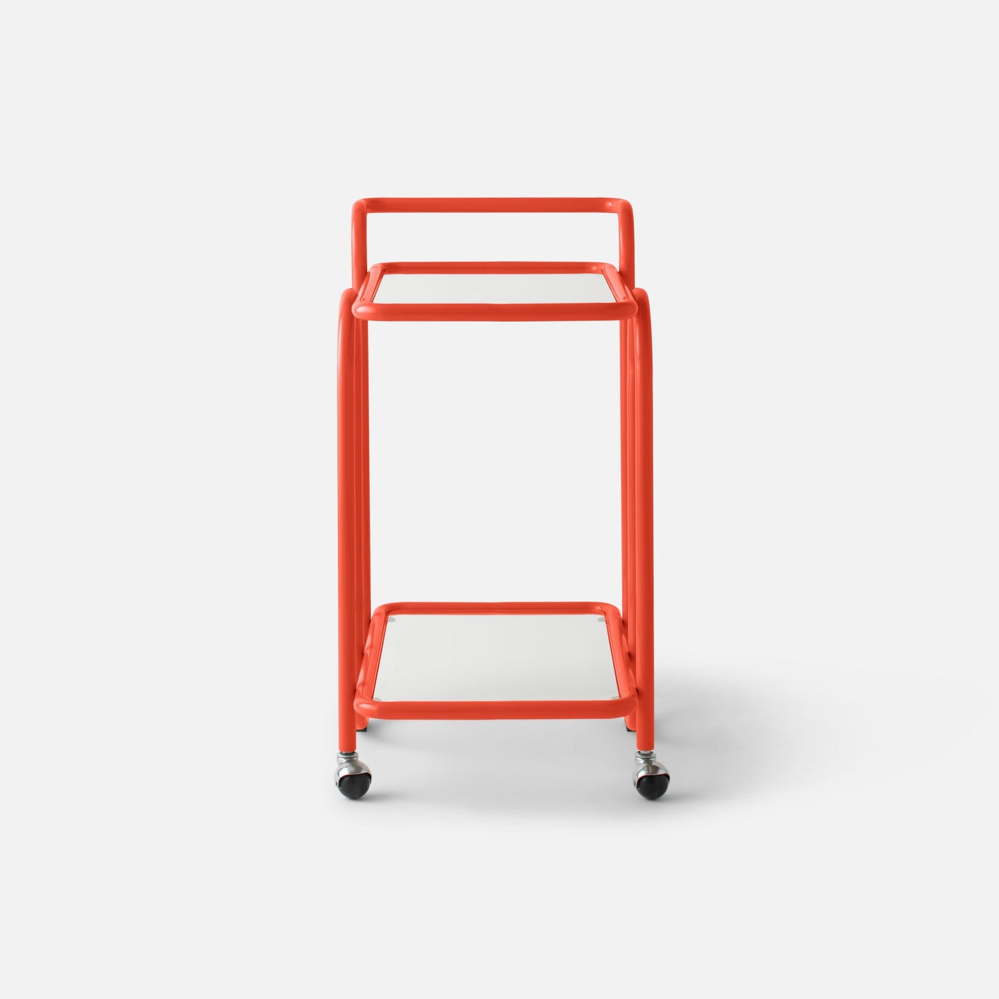 Front view of Lolly Bar Cart in persimmon gloss showing bent steel frame, two glass shelves and caster wheels on white