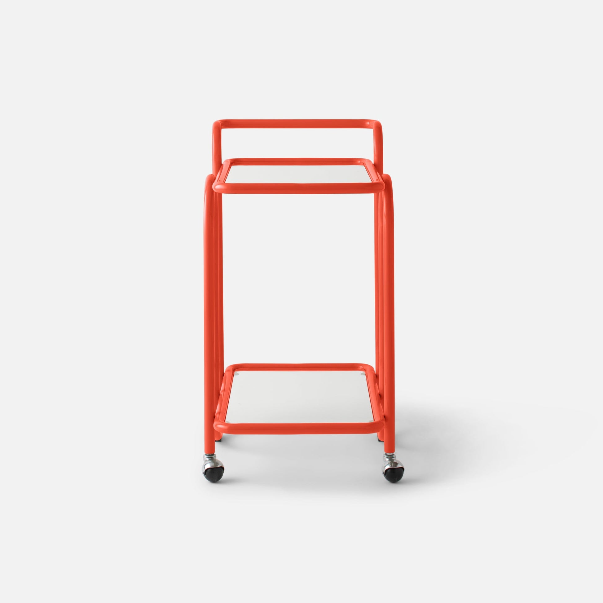 Front view of Lolly Bar Cart in persimmon gloss showing bent steel frame, two glass shelves and caster wheels on white