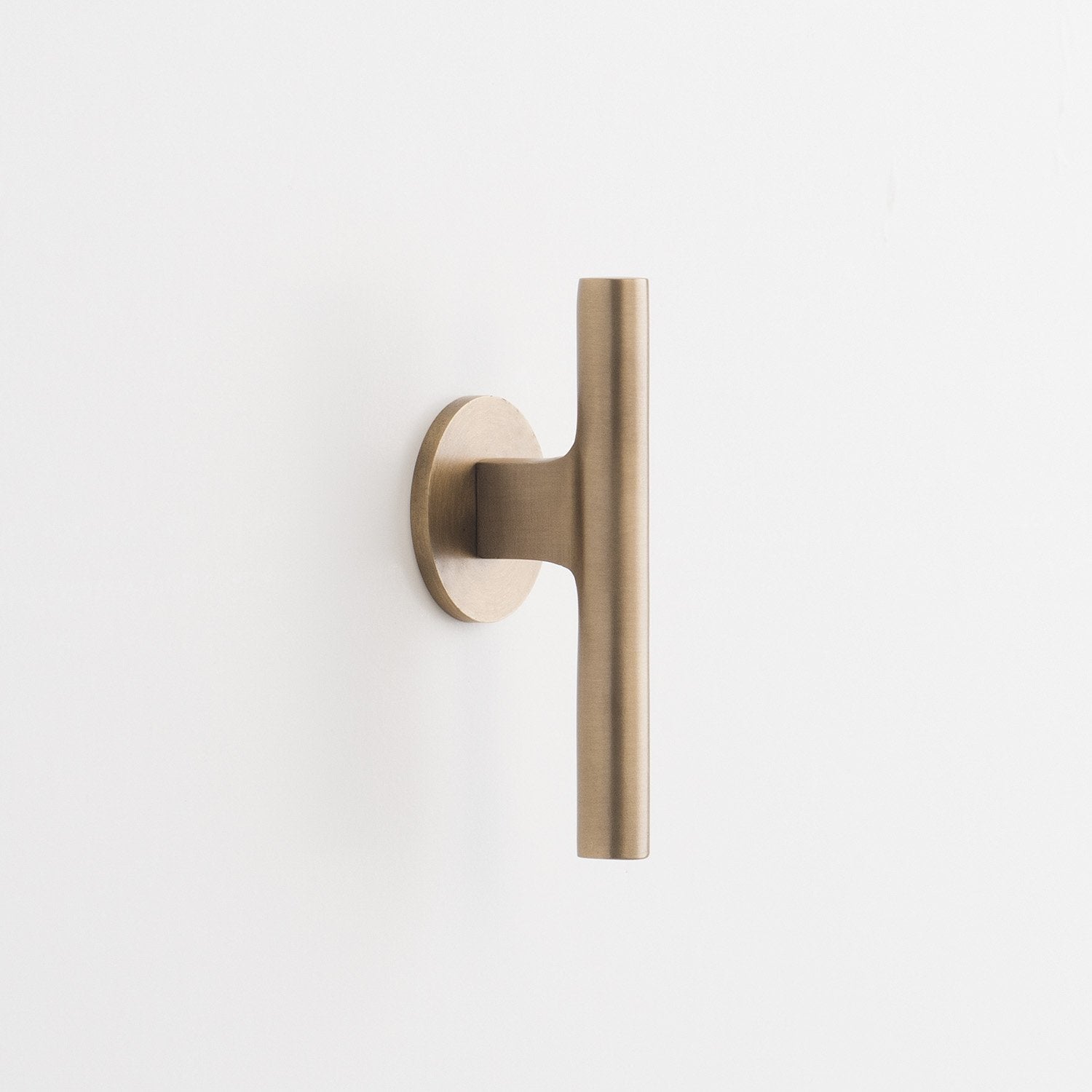 Angled close-up of Galley Pull showcasing natural brass tubular handle and round mounting plate on white background