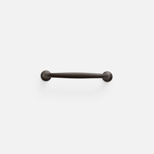 Front view of Somerset pull showcasing tapered bar and round rosette ends on white background