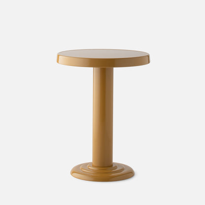 Front close-up of Owen Side Table in dune gloss showing round top, pedestal column, and glossy finish on white background