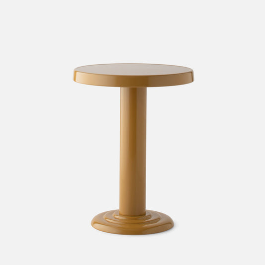 Front close-up of Owen Side Table in dune gloss showing round top, pedestal column, and glossy finish on white background