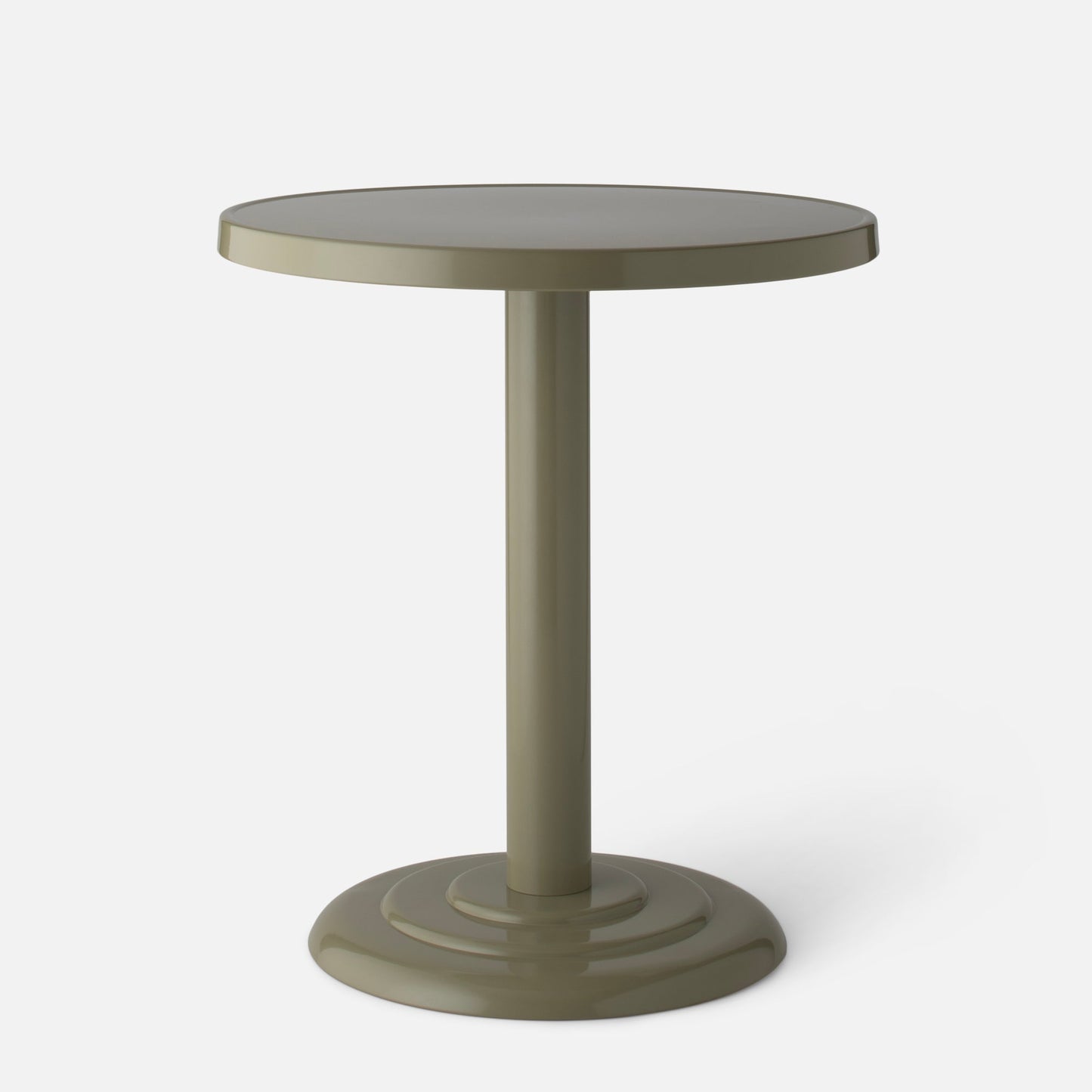 Front view of Owen Bistro Table with round top, single pedestal and stepped base in lichen gloss on light gray background