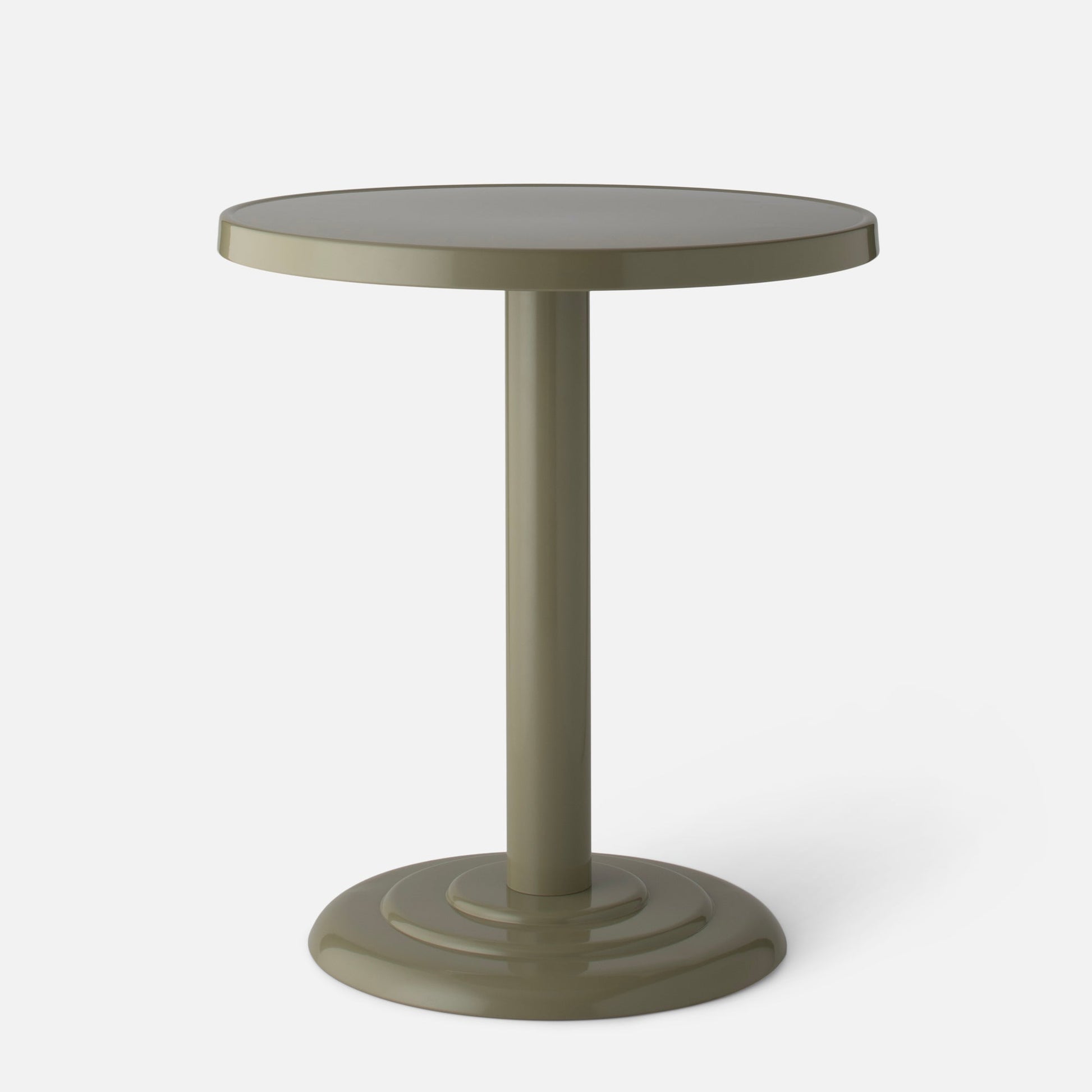Front view of Owen Bistro Table with round top, single pedestal and stepped base in lichen gloss on light gray background