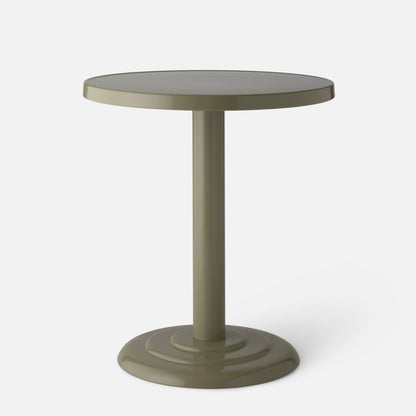 Front view of Owen Bistro Table with round top, single pedestal and stepped base in lichen gloss on light gray background