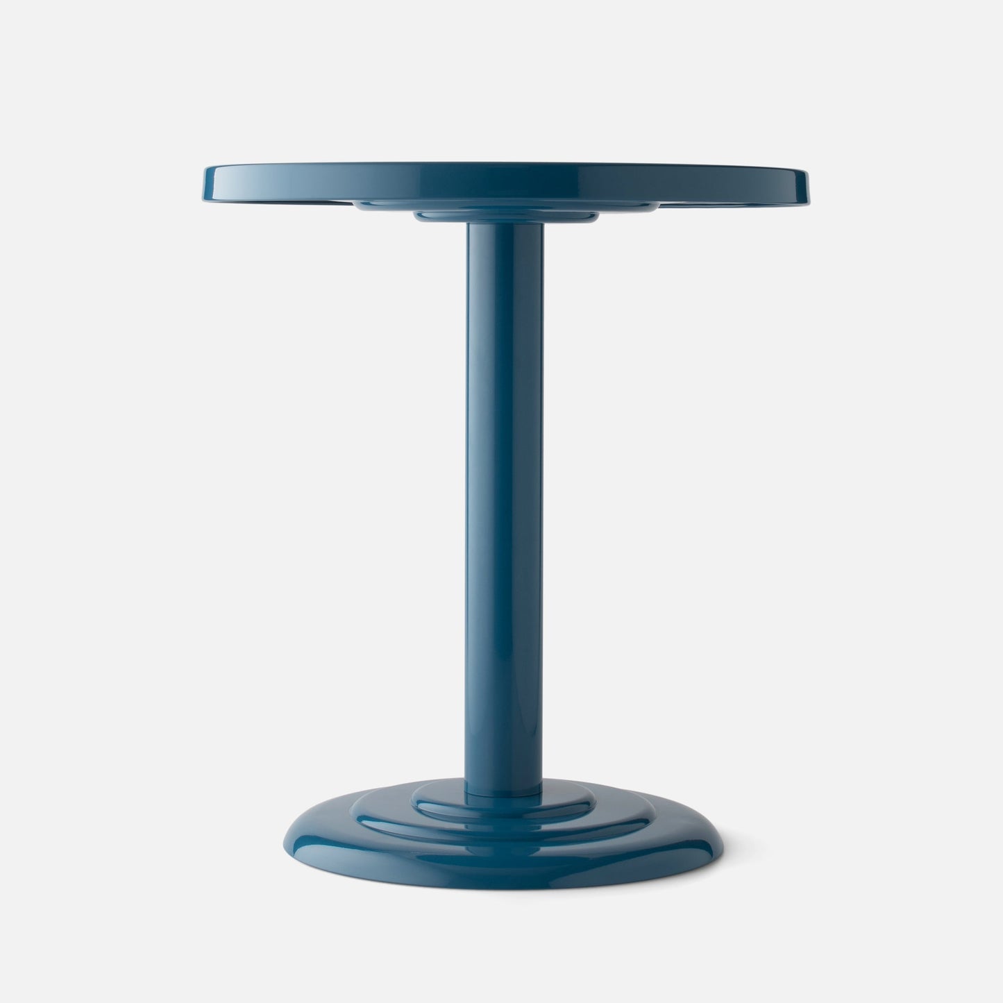 Close-up front view of Owen Bistro Table showcasing the round Pool-Gloss blue tabletop edge and central pedestal on a white background