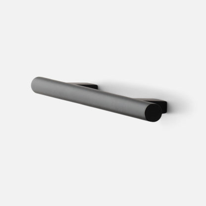 Angled side view of Galley Pull in true black showing cylindrical bar handle and square backplates on white