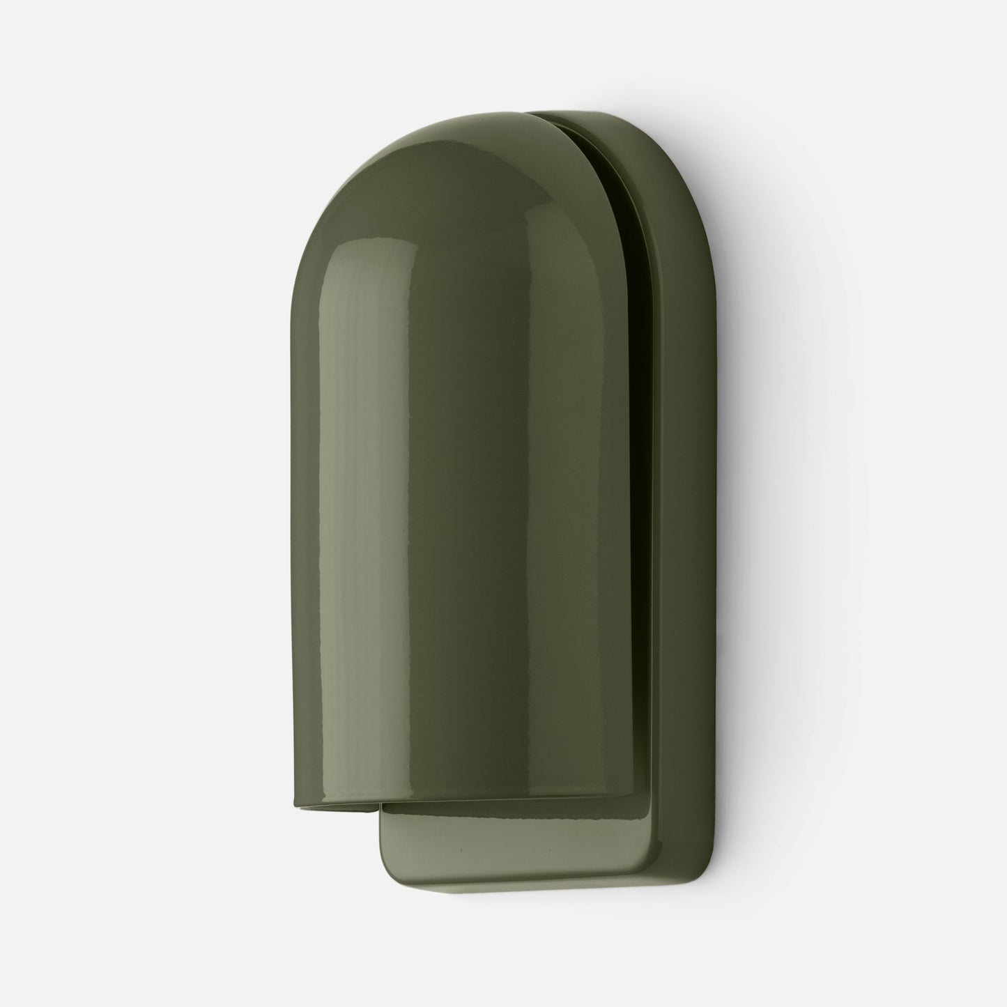 Close-up of Allegheny Slim Sconce showing glossy olive-green curved shade and slim vertical backplate on white background