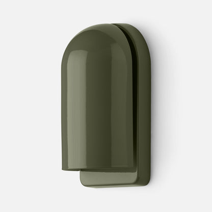 Close-up of Allegheny Slim Sconce showing glossy olive-green curved shade and slim vertical backplate on white background