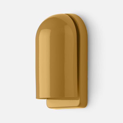Close-up of Allegheny Slim Sconce showing rounded dome shade and layered backplate in mustard gloss on white background