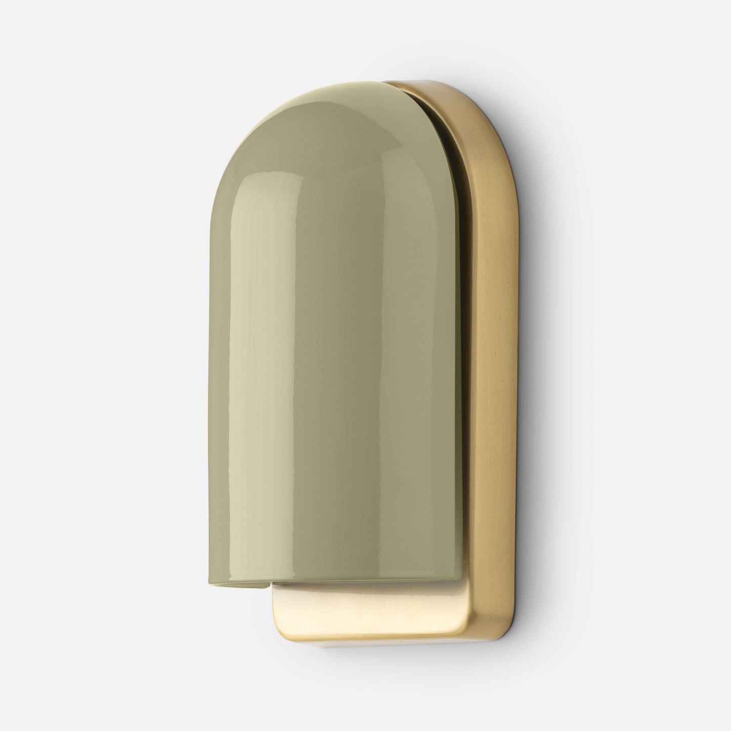 Close-up of Allegheny Slim Sconce showing olive green rounded shade and brushed brass backplate on white background