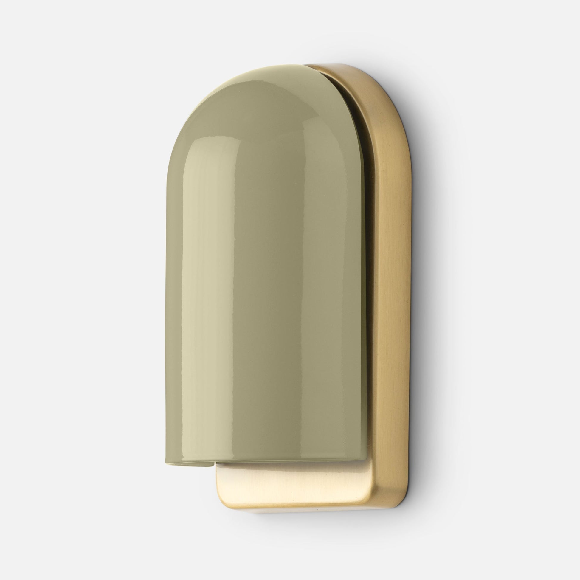 Close-up of Allegheny Slim Sconce showing olive green rounded shade and brushed brass backplate on white background