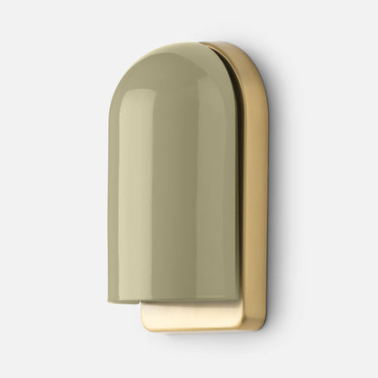 Close-up of Allegheny Slim Sconce showing olive green rounded shade and brushed brass backplate on white background