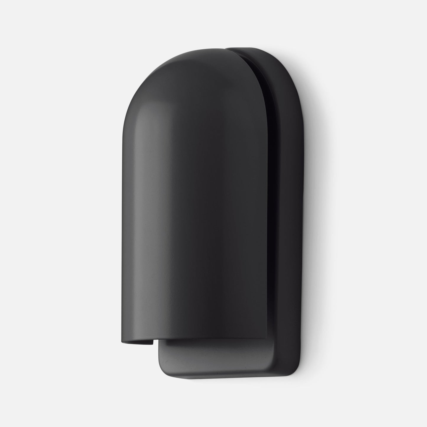 Close-up of Allegheny Slim Sconce showing matte black rounded shade and slim wall-mounted backplate on white background