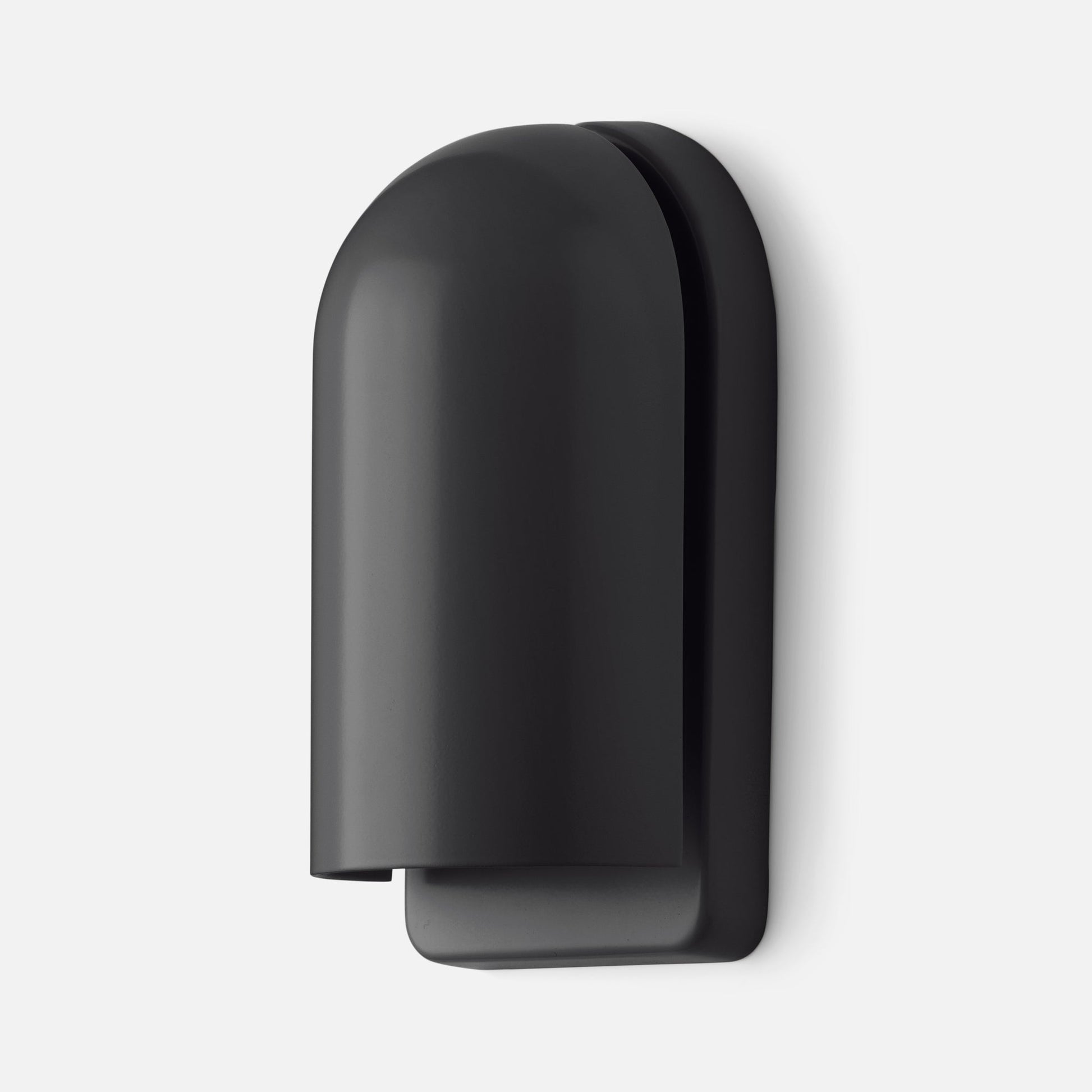 Close-up of Allegheny Slim Sconce showing matte black rounded shade and slim wall-mounted backplate on white background