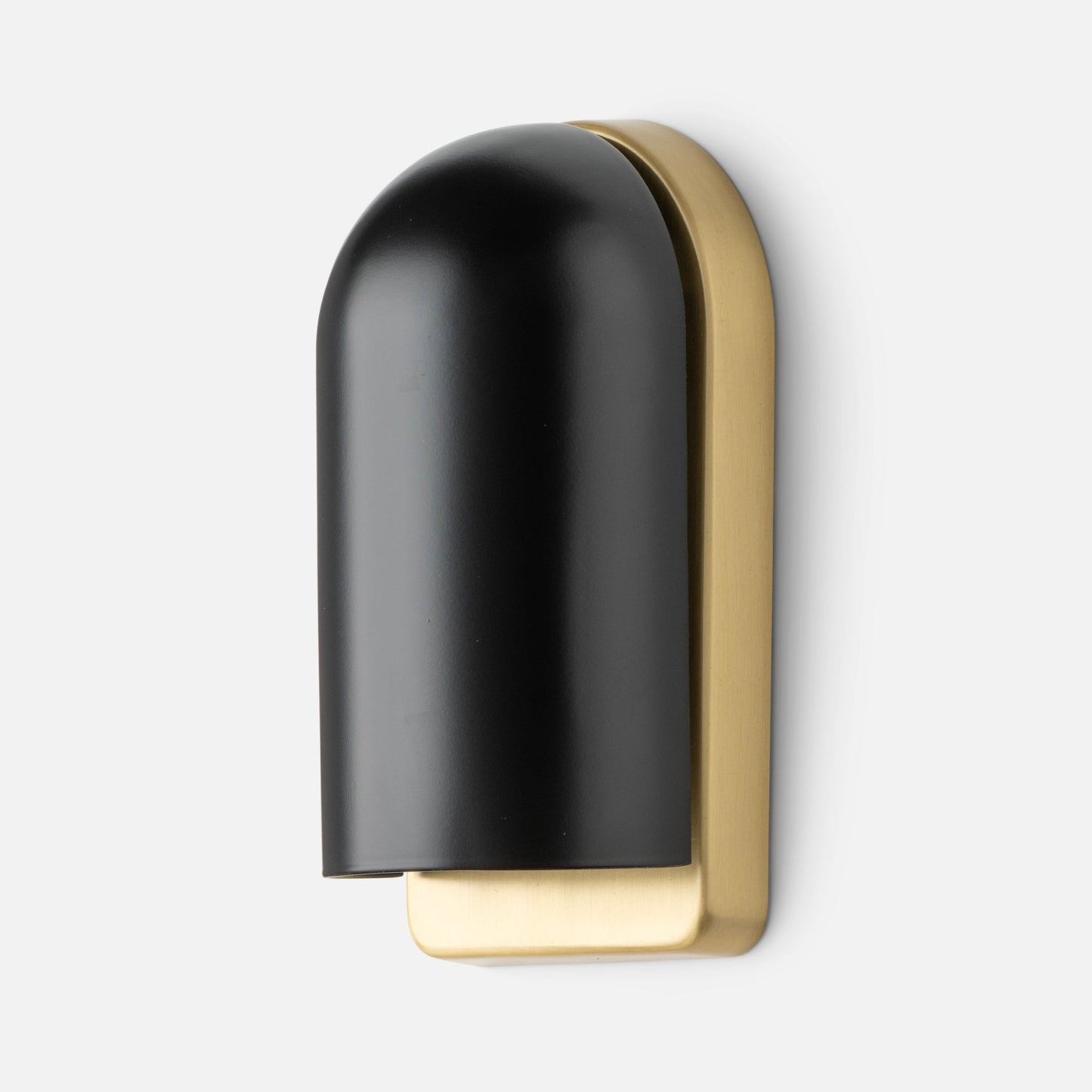 Front view of Allegheny Slim Sconce showing matte black domed shade and brushed brass backplate on white background