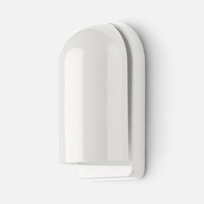 Close-up of Allegheny Slim Sconce in gloss white showing rounded dome shade and layered backplate against a white wall