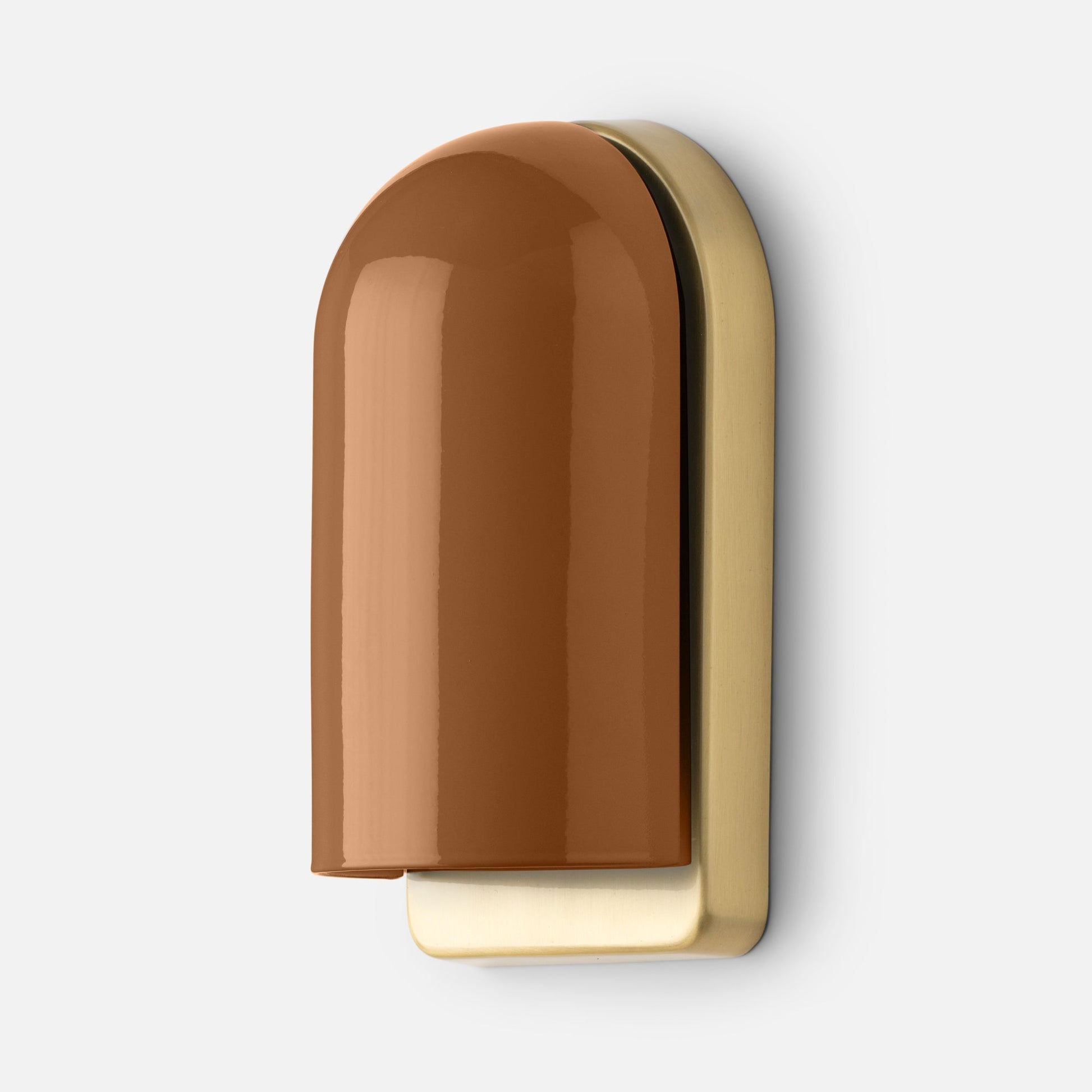 Close-up side view of Allegheny Slim Sconce showing glossy brown enamel shade and brushed brass backplate on white background
