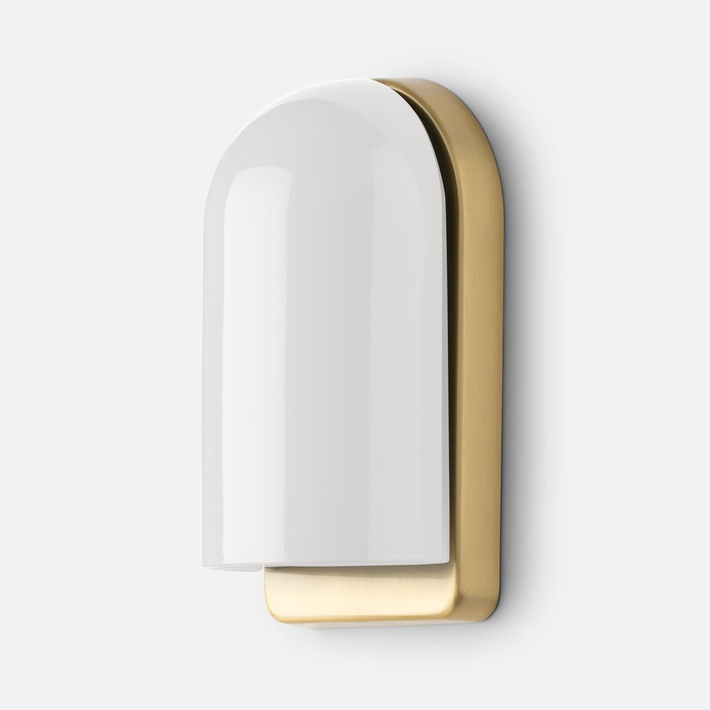 Close-up of Allegheny Slim Sconce showing white glazed glass shade and brushed brass backplate on white background