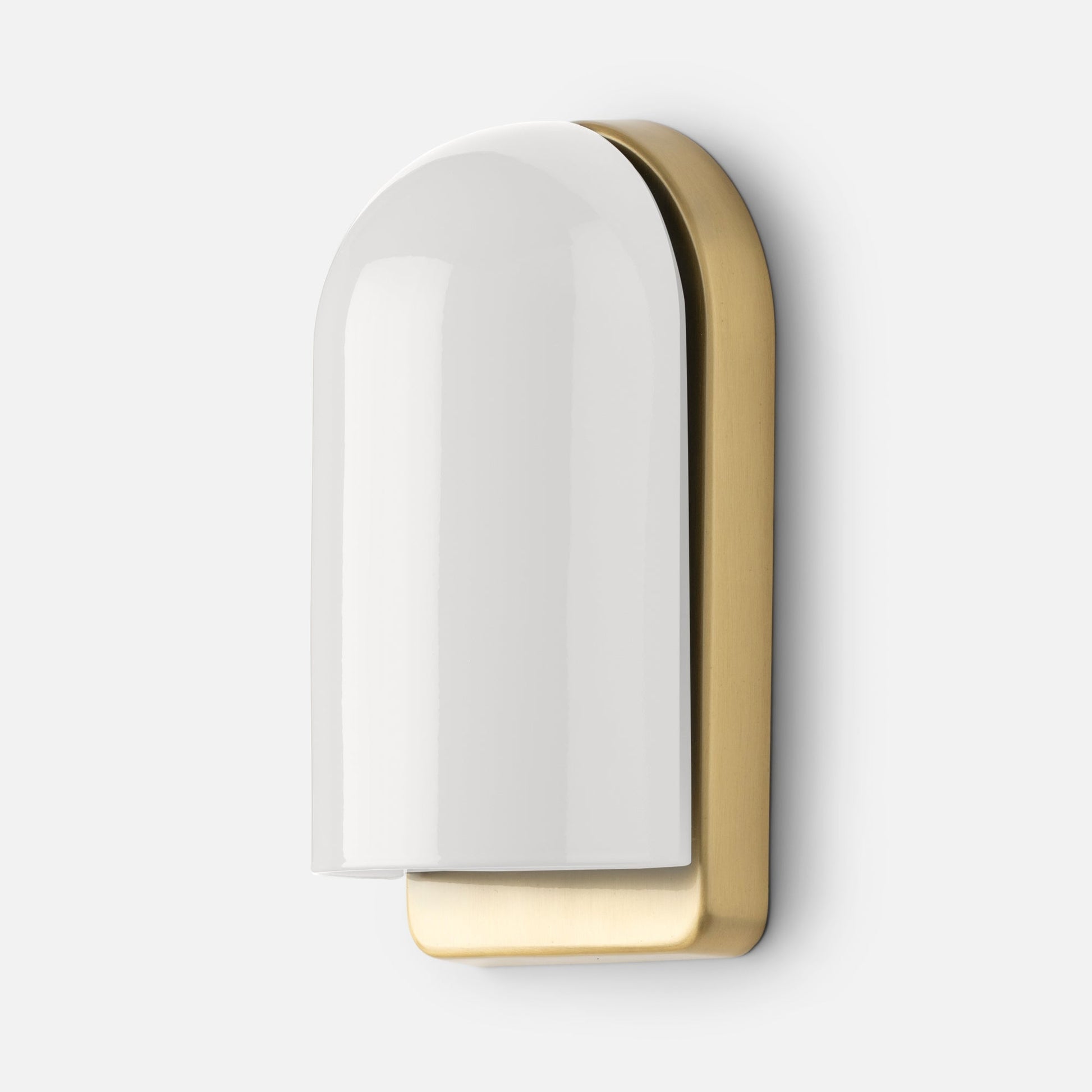 Close-up of Allegheny Slim Sconce showing white glazed glass shade and brushed brass backplate on white background