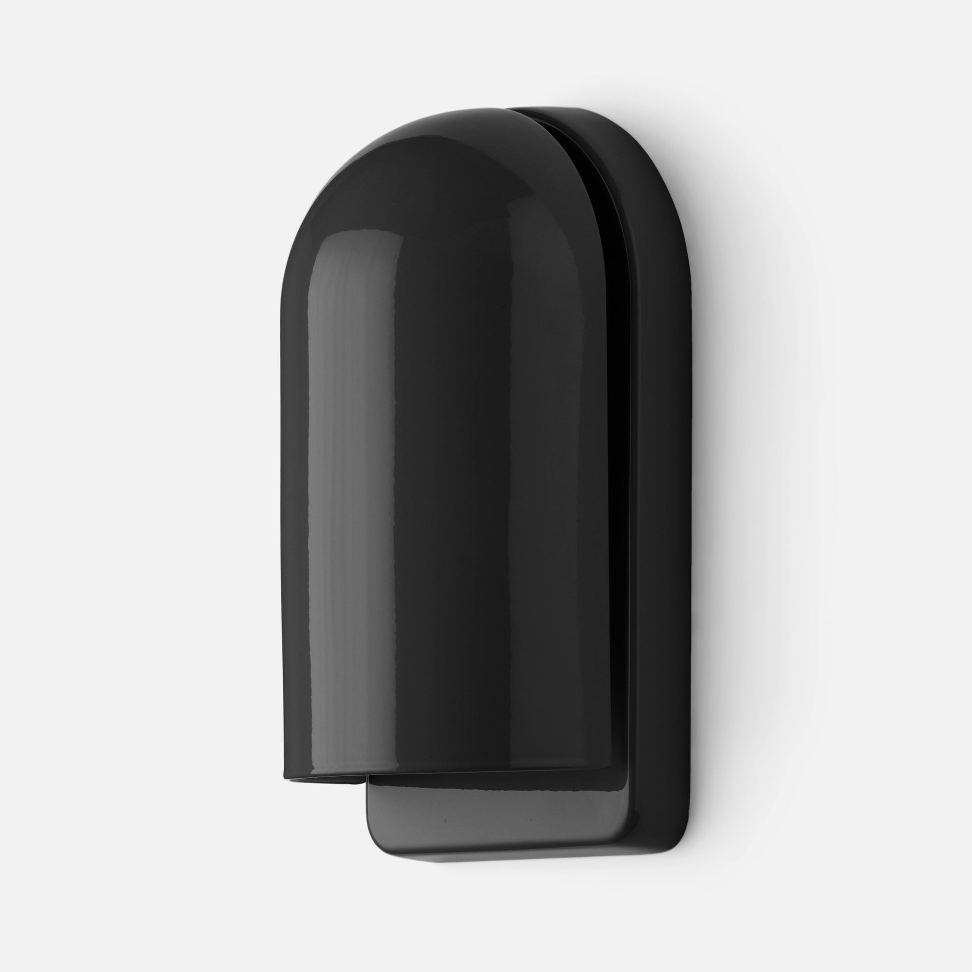 Close-up side view of Allegheny Slim Sconce in gloss black showing rounded slim profile and concealed wall plate on white background