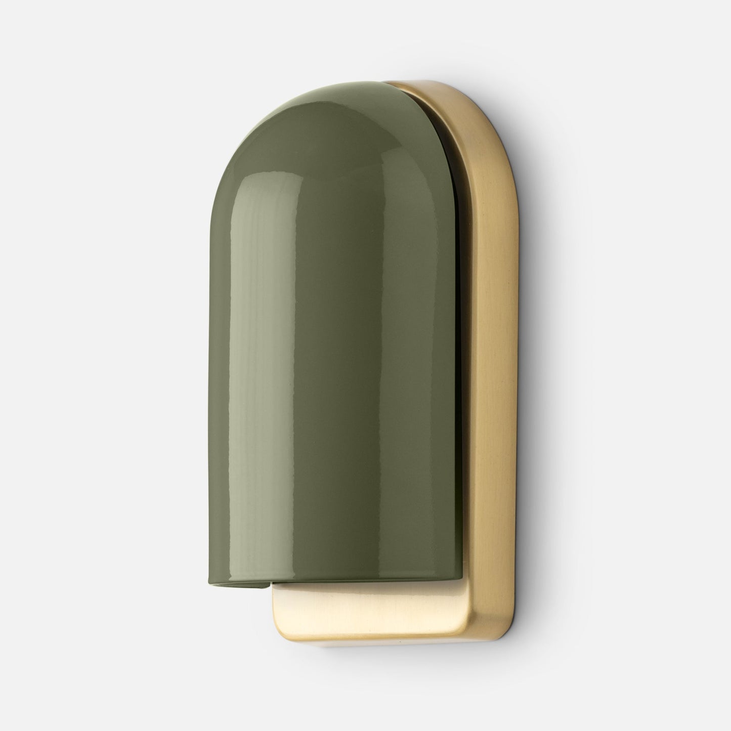 Close-up of Allegheny Slim Sconce showcasing olive green domed metal shade and brushed brass backplate on white background