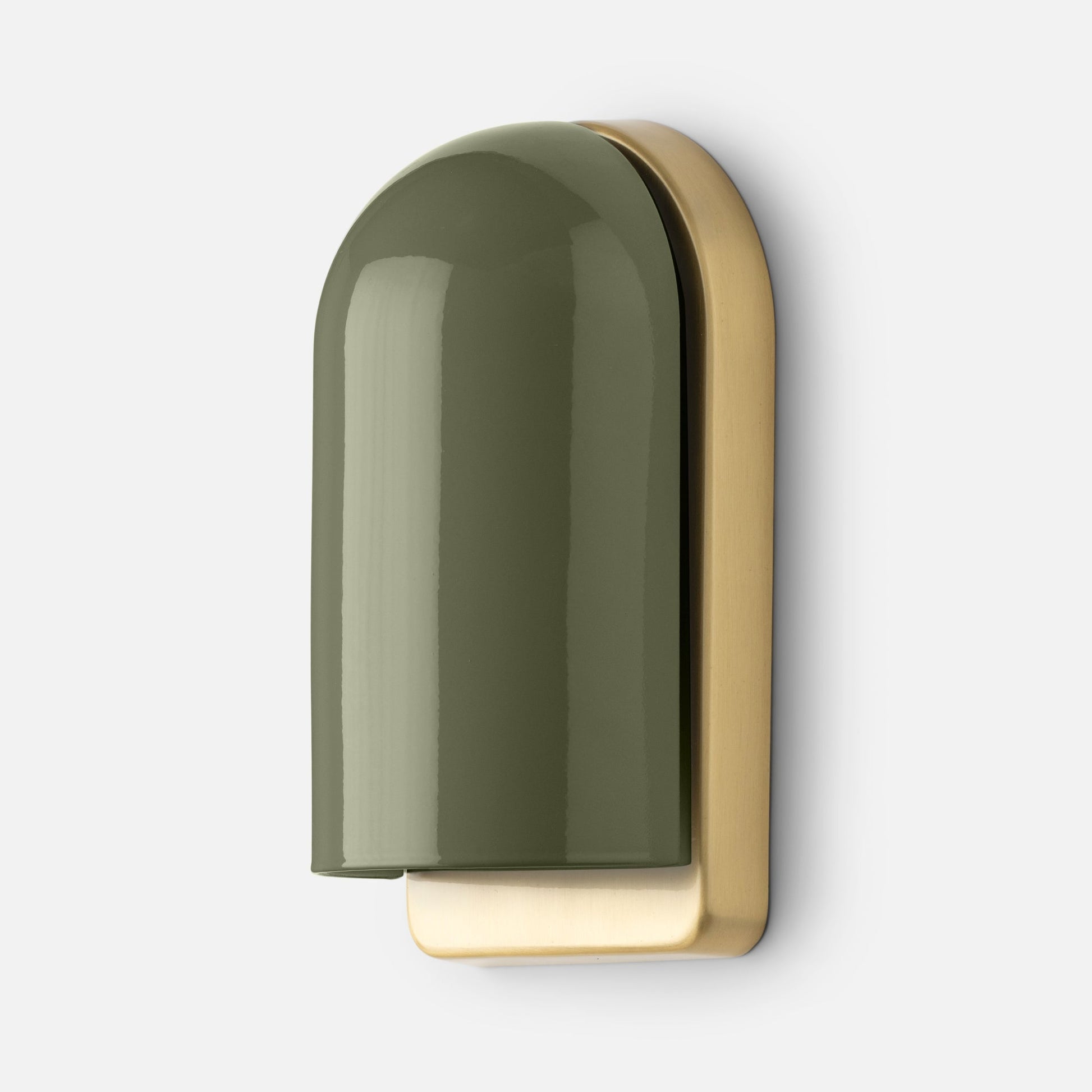 Close-up of Allegheny Slim Sconce showcasing olive green domed metal shade and brushed brass backplate on white background