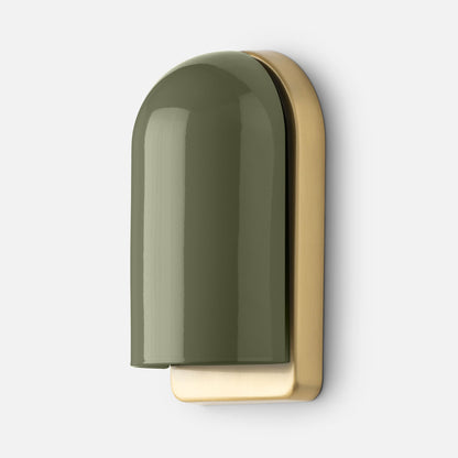 Close-up of Allegheny Slim Sconce showcasing olive green domed metal shade and brushed brass backplate on white background