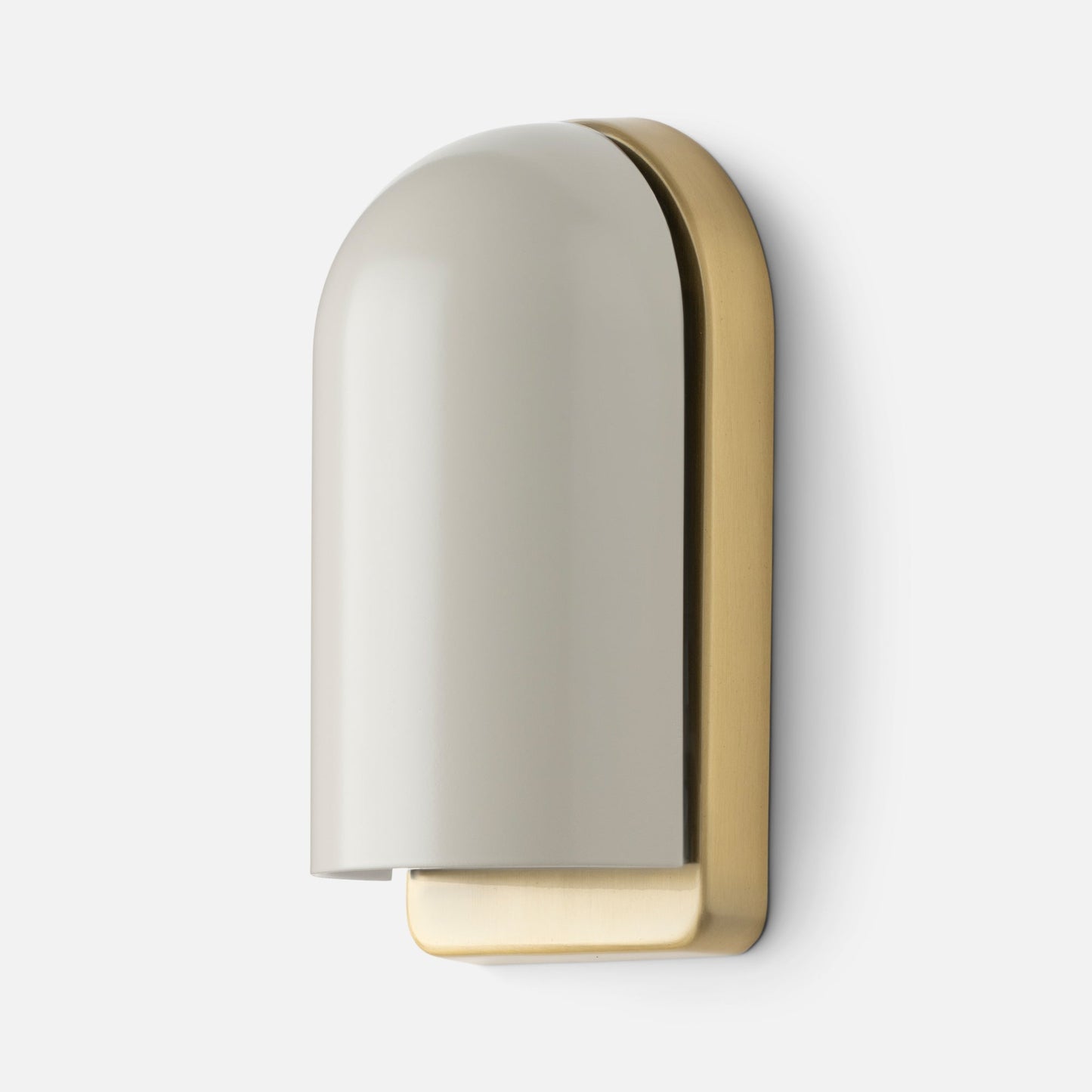 Side close-up of Allegheny Slim Sconce with rounded off-white shade and brushed brass backplate on white