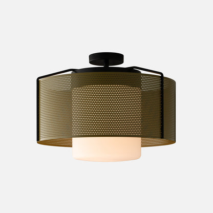 Front view of Swell 20-inch flush mount with perforated olive-bronze metal drum and opal glass diffuser on light gray background