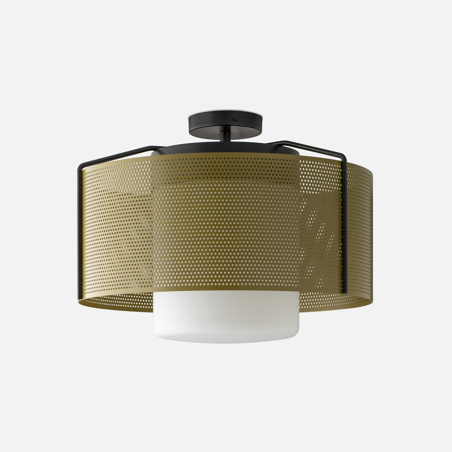 Front view of Swell 20” Flush Mount showing perforated olive metal drum and opal glass diffuser on light gray background