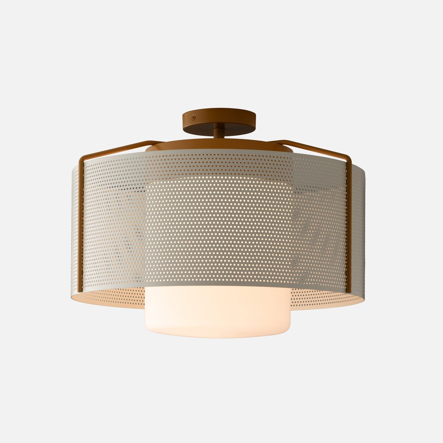 Close-up of Swell 20-inch Flush Mount showing perforated metal shade and frosted glass diffuser in olive satin on white background