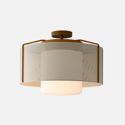 Close-up of Swell 20-inch Flush Mount showing perforated metal shade and frosted glass diffuser in olive satin on white background