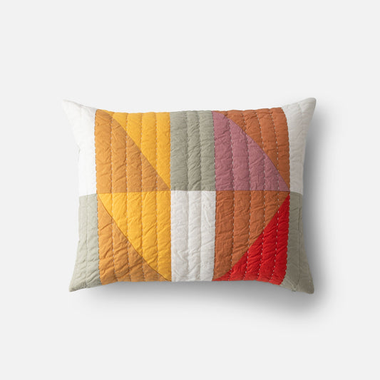 Front view of Modern Rooftops cotton sham with geometric warm tone patchwork and vertical quilting on a white background